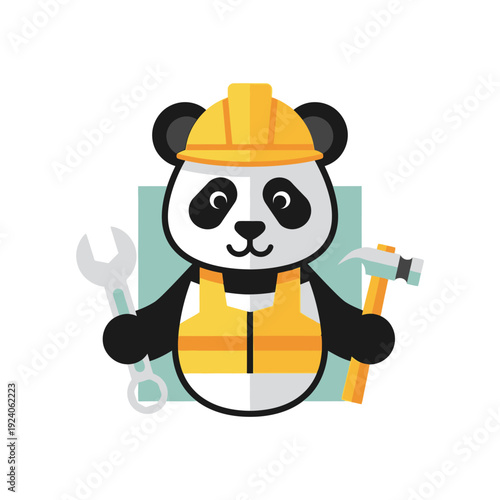 Happy Cartoon Panda Construction Worker Mascot with Hard Hat, Safety Vest, Wrench, and Hammer - Repair & Builder Service