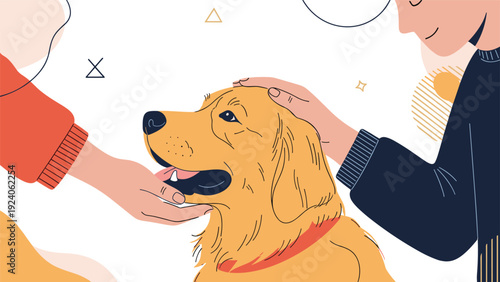 Close up of a man and a woman gently petting a friendly golden retriever dog from both sides showing affection and bond.