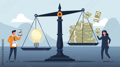 Large balance scale with a glowing light bulb and a stack of money on each side being managed by two business people.