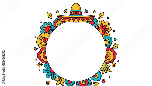 Colorful circular frame decorated with traditional Mexican flowers and a sombrero hat on top for a festive celebration.