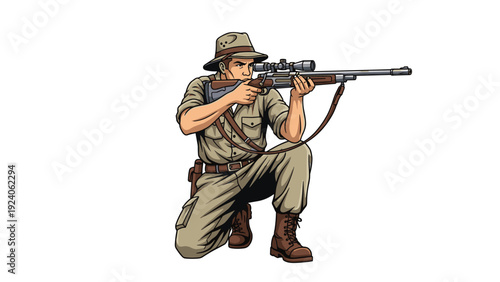 Hunter in a khaki uniform and wide hat kneeling down while aiming a precision rifle with a large optical scope.