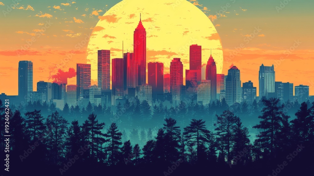 Fototapeta premium Atlanta Cityscape Georgia Poster Illustration Travel Print Decor Gift Paper Canvas Wall Retro Art