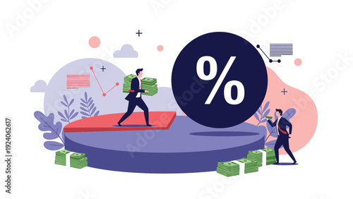 Businessmen carry stacks of cash around a large black circle containing a white percentage symbol representing high interest rates and finance.