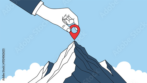 Large hand places a red location pin on the highest peak of a blue and white mountain range against a clear sky for achievement and goal setting.