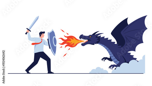Brave businessman in a formal suit uses a sword and shield to defend himself against a large fire-breathing blue dragon in a business battle.