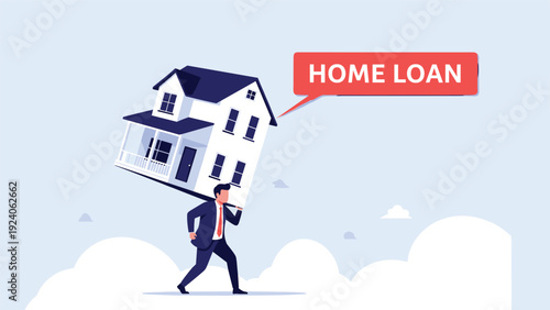 Determined businessman in a formal suit carries a large two-story house on his back under a home loan speech bubble against a cloudy blue sky.