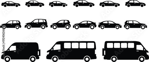 Set of car and van silhouettes isolated on white background, various vehicle types including sedan, hatchback, SUV, minibus and delivery transport icons collection