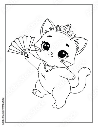 Cute princess kitten holding a hand fan coloring page for kids.