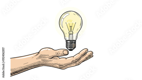 Human hand holds a glowing electric light bulb in a vintage sketch style to represent creative ideas and innovation.
