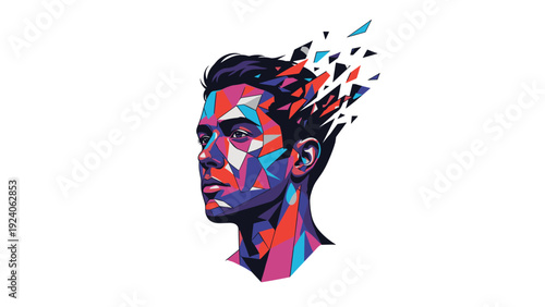 Portrait of a young man created with colorful geometric polygons and shattering into pieces to represent mental health.