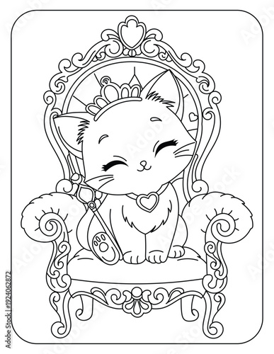 Adorable princess kitten sitting on a royal throne coloring page for kids.