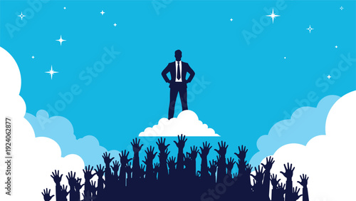 Successful leader silhouette stands confidently on a cloud above a cheering crowd of people with their hands raised high.