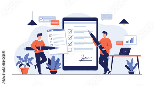 Two office workers use giant pens to check off items on a digital list displayed on a large smartphone tablet screen.