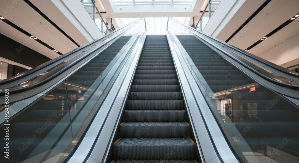 Fototapeta premium Two escalators ascend in a modern shopping center