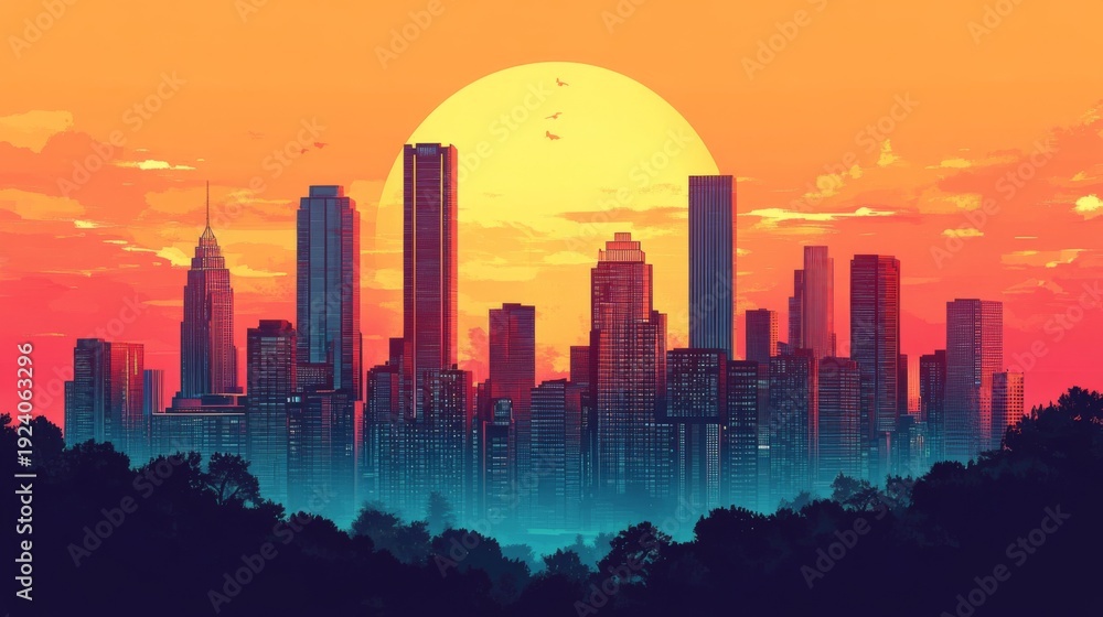 Fototapeta premium Atlanta Cityscape Georgia Poster Illustration Travel Print Decor Gift Paper Canvas Wall Retro Art