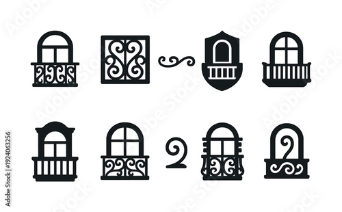 Window and balcony silhouette icon set. Classic architecture silhouette collection