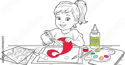 A black and white line drawing with colored elements showing a young girl with light skin and blonde hair in a ponytail, cutting a red curved shape with purple scissors.