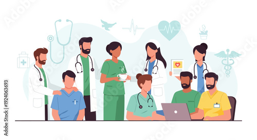 Collaborative Healthcare Team: Diverse Medical Professionals, Doctors, Nurses, and Staff Working Together in a Modern Medical Environment.