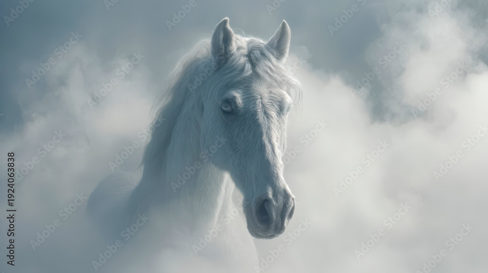 Obraz premium Mystical white horse emerging from soft clouds, a fairytale portrait of a horse in a misty atmosphere with an unearthly light