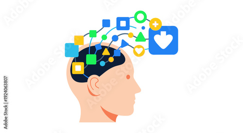 Brain with Connected Digital Icons & Shapes Illustrating Mental Processes, Idea Generation, Data Flow, and Cognitive Functions