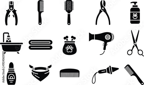 A collection of black and white pet grooming icons featuring various tools and accessories