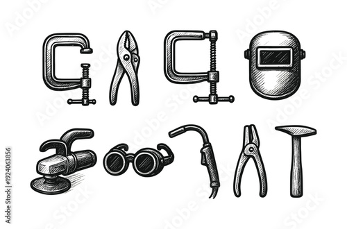 Industrial tool silhouette icon set. Machining, workshop tools outline collection