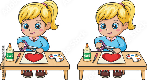 A cartoon illustration of a young girl with blonde hair in a ponytail, wearing a light blue sweater with a pink collar, sitting at a wooden table.