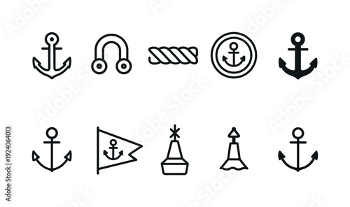 Nautical elements linear icon set. Maritime, navigation symbols line collection