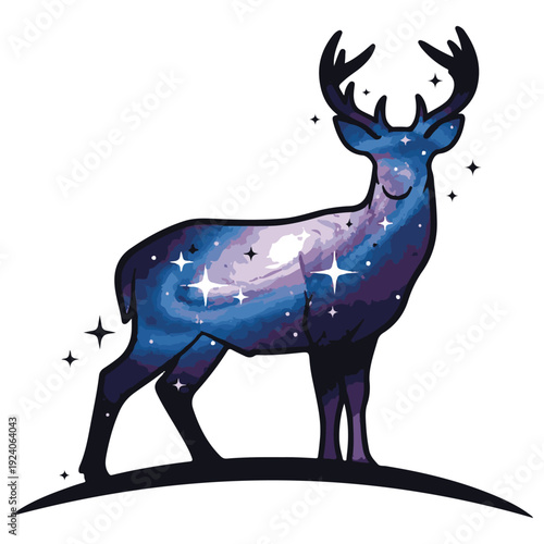 Majestic deer stag silhouette standing proudly, filled with a vibrant cosmic galaxy nebula and twinkling stars against a clean white background, creating a mystical and magical atmosphere.
