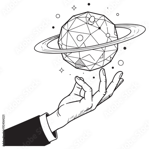 Minimalist black and white line art of a hand in a suit sleeve levitating a geometric low-poly planet with rings, representing global control, cosmic exploration, and future technology.