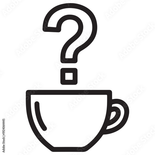 Minimalist coffee cup icon with a question mark rising from it, representing curiosity, brainstorming, and problem-solving during a coffee break, clean black line art on white background.
