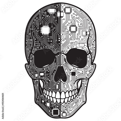Cybernetic human skull with integrated circuit board patterns and microchips representing the fusion of biology and technology, isolated on white in a dark futuristic vector style.