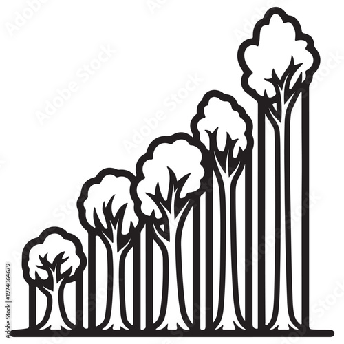 Minimalist black and white line art illustration of five trees growing in height like a bar chart, symbolizing sustainable business growth, environmental progress, and reforestation efforts.