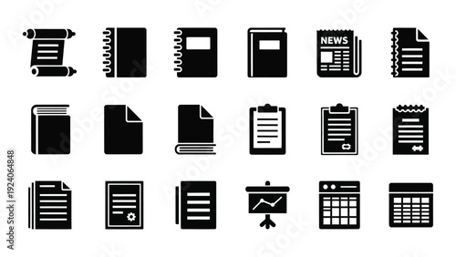A collection of document and office supply icons isolated on white background, Vector