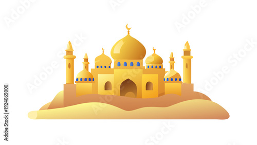Golden mosque in desert landscape
