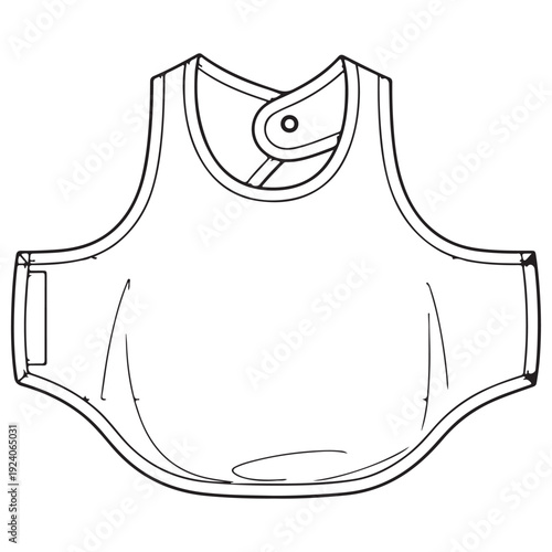 Minimalist baby bib line art illustration featuring a front-view technical sketch of an infant feeding garment with neck snap and side straps, isolated on a white background for design.