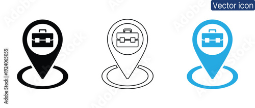 Collection of map pin icons featuring briefcase representing business locations and corporate destinations
