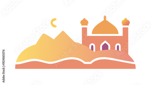 Illustrated mosque in desert landscape