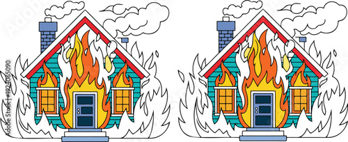 A cartoon illustration of a burning house with a turquoise-colored exterior and red roof.