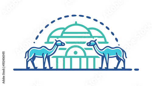 Camels in front of traditional building
