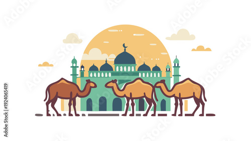Camels in front of a mosque