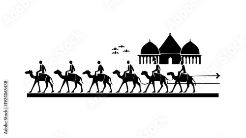 Caravan traveling towards traditional architecture