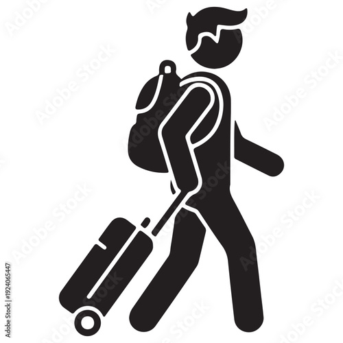 Minimalist black silhouette of a male traveler walking with a backpack and pulling a rolling suitcase on a white background, representing travel, commuting, tourism, and global mobility.