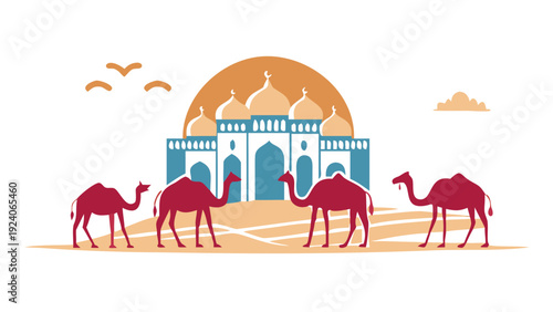 Camels in front of a desert mosque