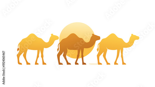 Three camels in desert landscape