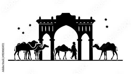 Silhouette of camels and man under archway