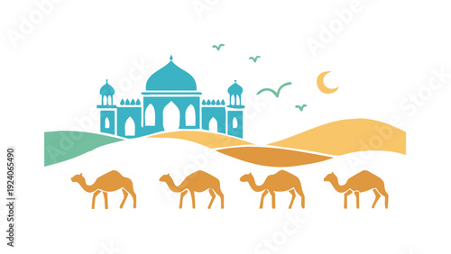 Desert journey with mosque and camels