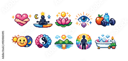 Wellness and meditation pixel art icon set. Inner peace and balance pixel icons