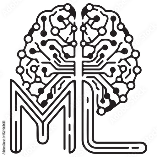 Machine Learning ML logo icon featuring a human brain neural network circuit design representing artificial intelligence and deep learning technology, minimalist black line art on white.