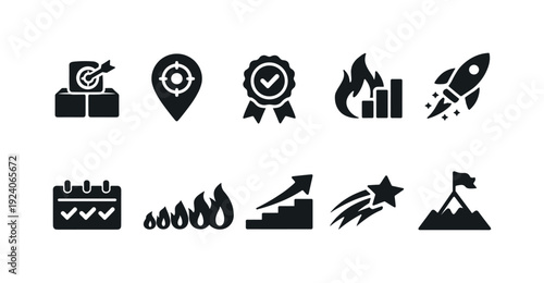 Business, growth solid icon set. Success, achievement, goal, strategy, milestone icons